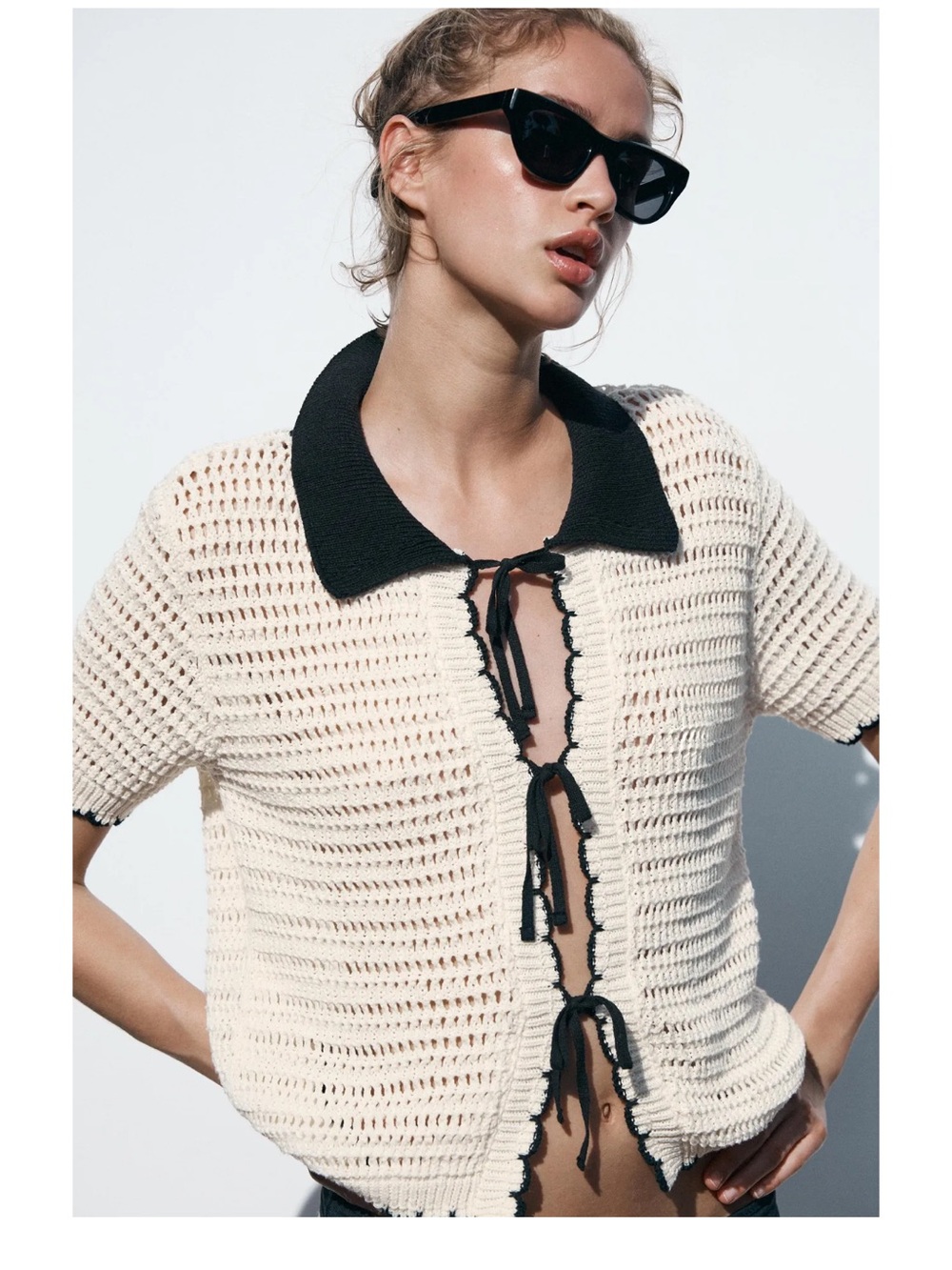 Zara Crochet Tie-Front Polo Top in Cream and Black